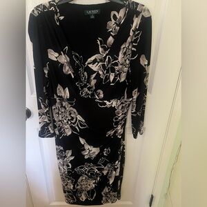 Lauren Ralph Lauren Black & White Floral 3/4 Sleeve Dress, Size 16